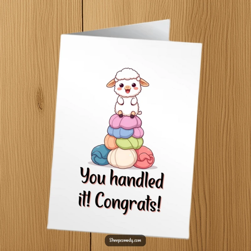Funny Free Printable Congratulations Card of a delighted sheep balancing a stack of colorful, giant wool balls, signifying accomplishment.