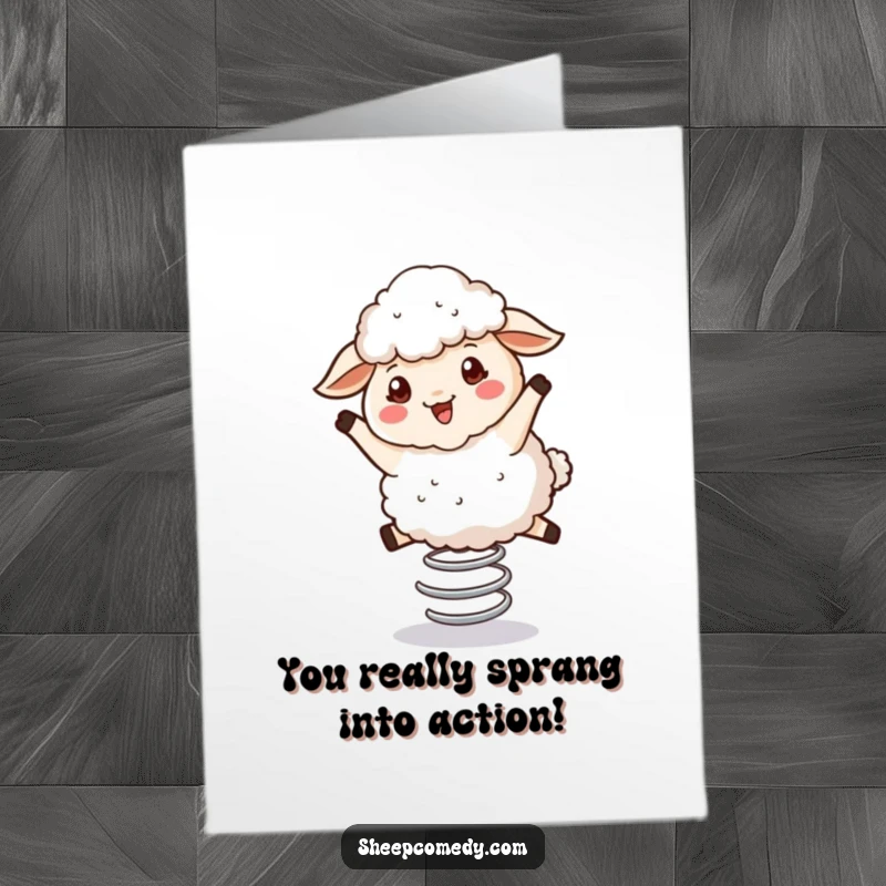 Funny Free Printable Bouncy Sheep Congratulations Card: Fluffy sheep energetically bouncing on a spring, celebrating success.