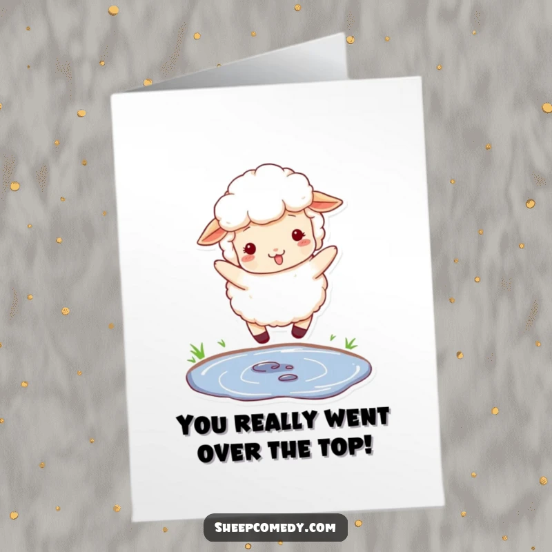 Funny Free Printable Congrats Card: A fluffy sheep mid-jump over a puddle, symbolizing overcoming challenges. A joyful downloadable greeting.