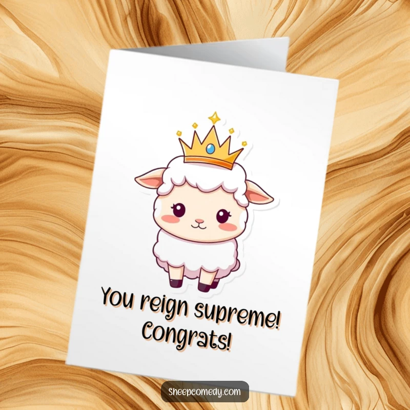 Funny Free Printable Sheep Congratulations Card: A sheep proudly balancing a sparkly crown, signifying a royal win.