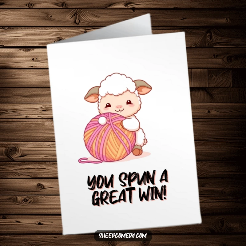 Funny Free Printable Sheep Congrats Card: Sheep happily playing with a giant, vibrant ball of yarn.