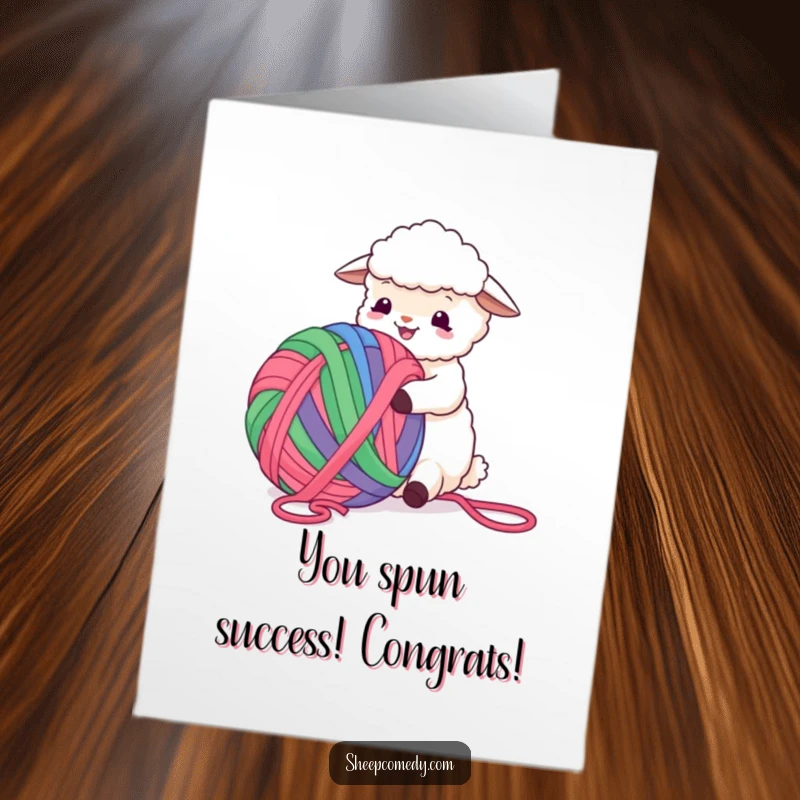 Funny Free Printable Congratulations Card: Sheep gleefully plays with a giant ball of colorful yarn, celebrating success.