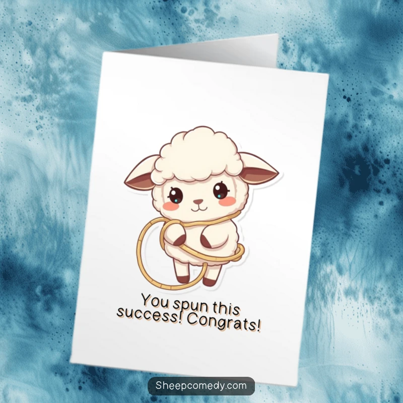 Funny free printable sheep congratulations card featuring a sheep playfully tangled in thread, celebrating a unique achievement.