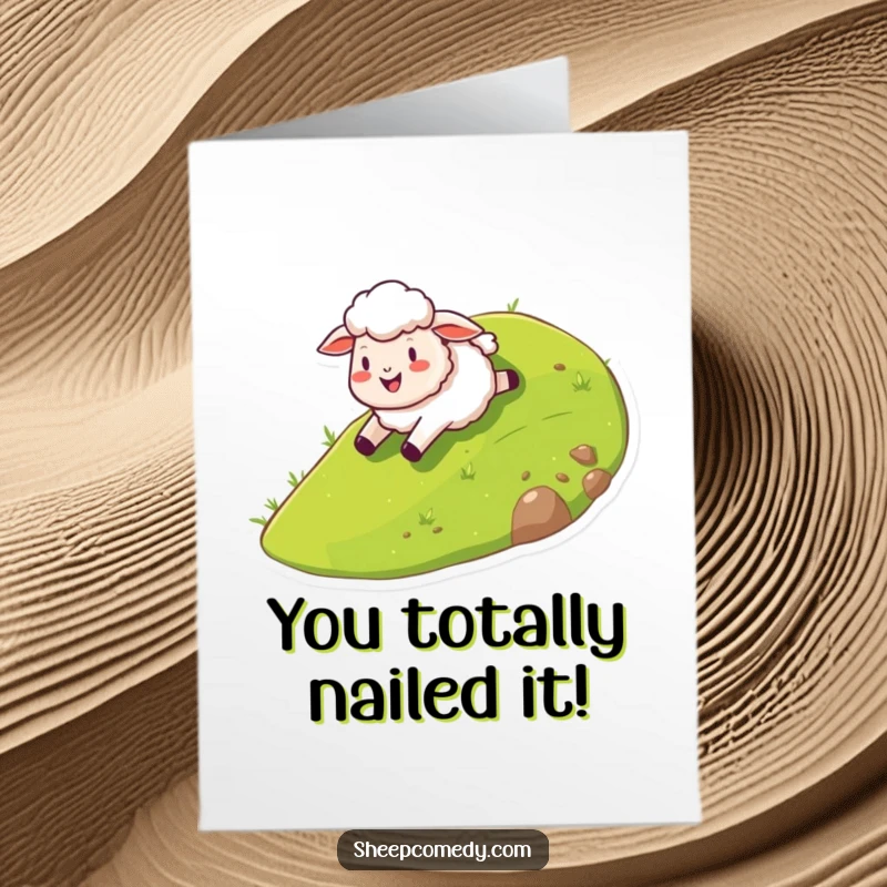 Funny Free Printable Congrats Card: Joyful sheep sliding down a hill, celebrating success with a free downloadable design.