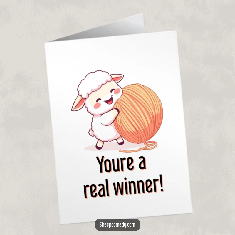 Funny Free Printable Congrats Card: Sheep enthusiastically butts a giant yarn ball, symbolizing a triumphant, energetic win.
