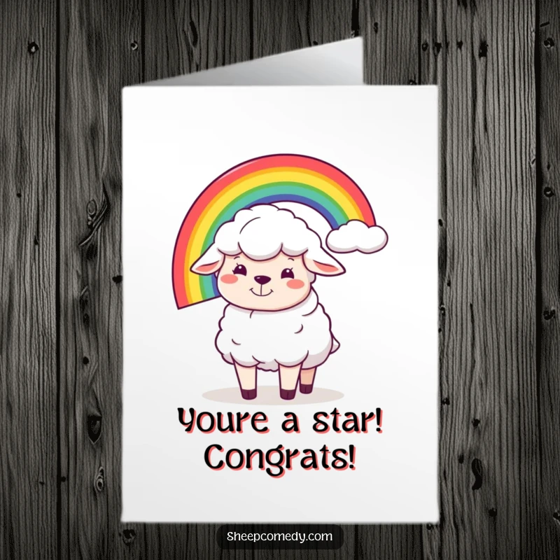Funny Free Printable Congratulations Card: Silly sheep grinning while balancing a bright rainbow, celebrating your win.