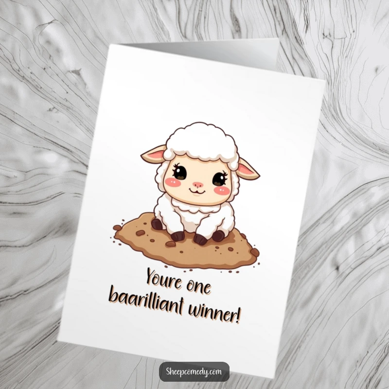 Funny Free Printable Congratulations Card: A gleeful sheep rolling in dirt, celebrating your big win! Funny downloadable art.