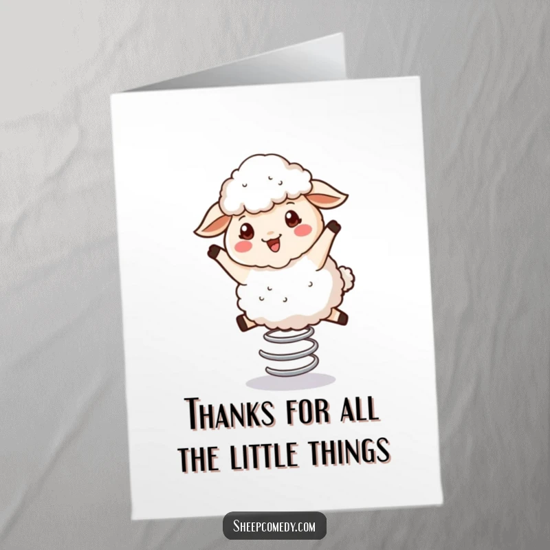 Funny Free Printable Bouncy Sheep Thank You Card: Fluffy sheep joyfully bouncing on a spring, conveying thanks.