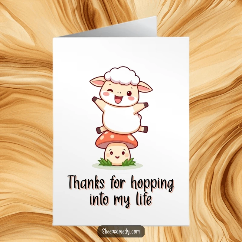 Funny Free Printable Leaping Sheep Thank You Card: Sheep joyfully jumping over a smiling mushroom, conveying thanks with energy.