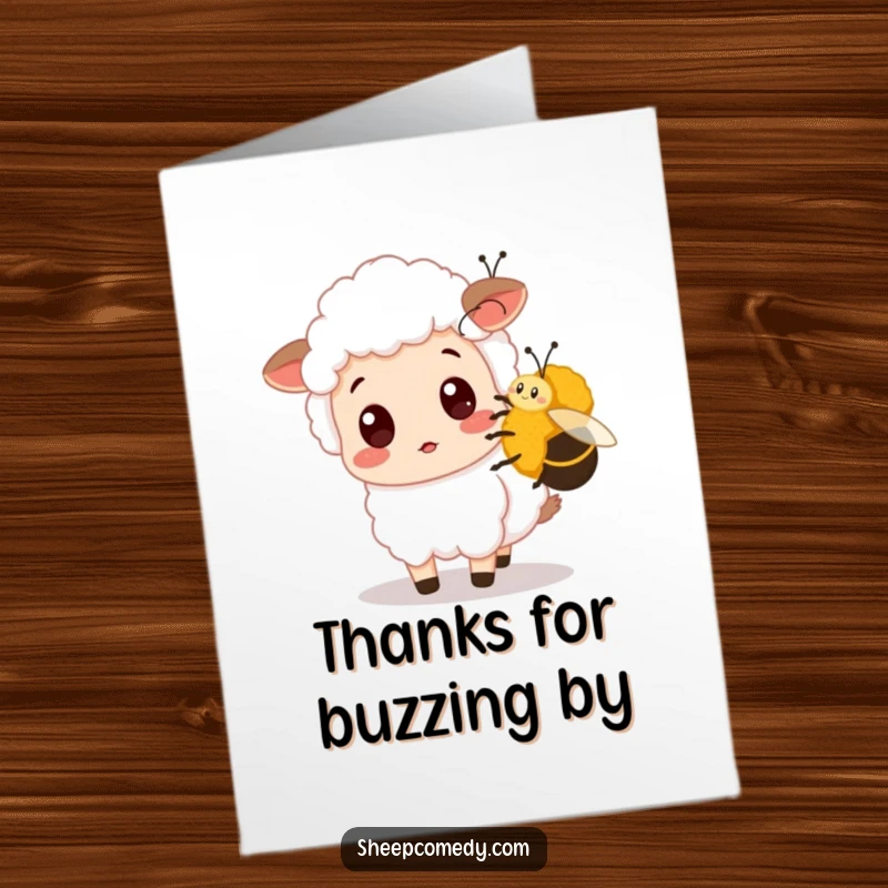 Funny free printable sheep thank you card showing a surprised sheep being nudged by a friendly bee, a cute way to say thanks.