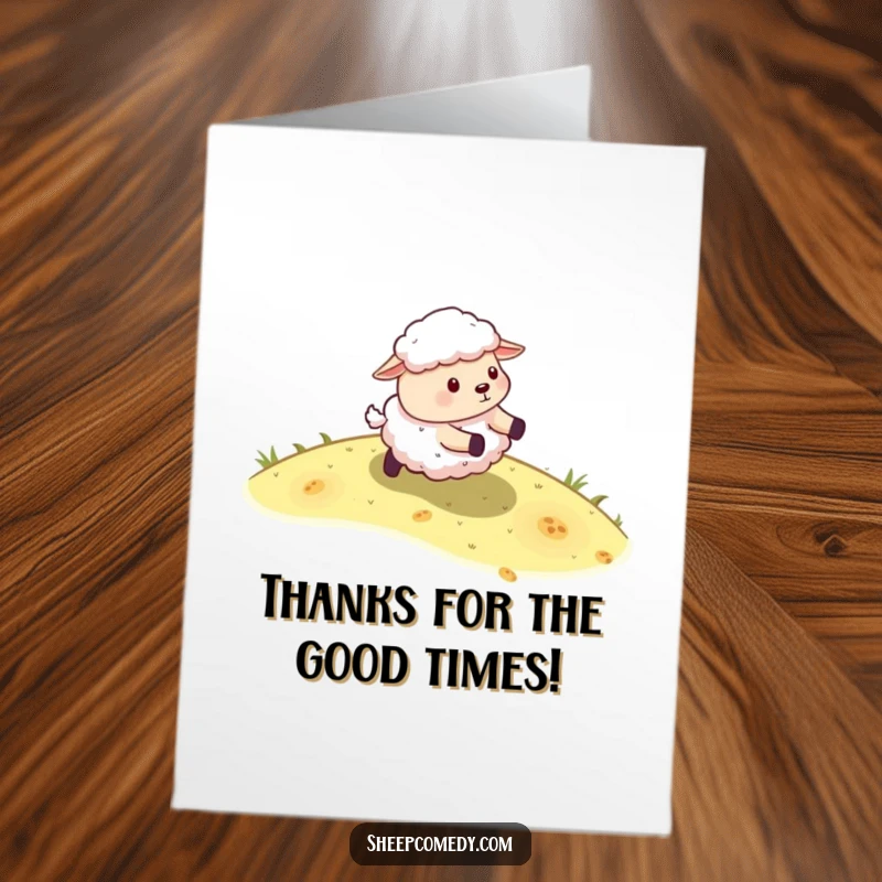 Funny Free Printable Thank You Card: Sheep energetically rolling down a grassy slope, showing thanks.