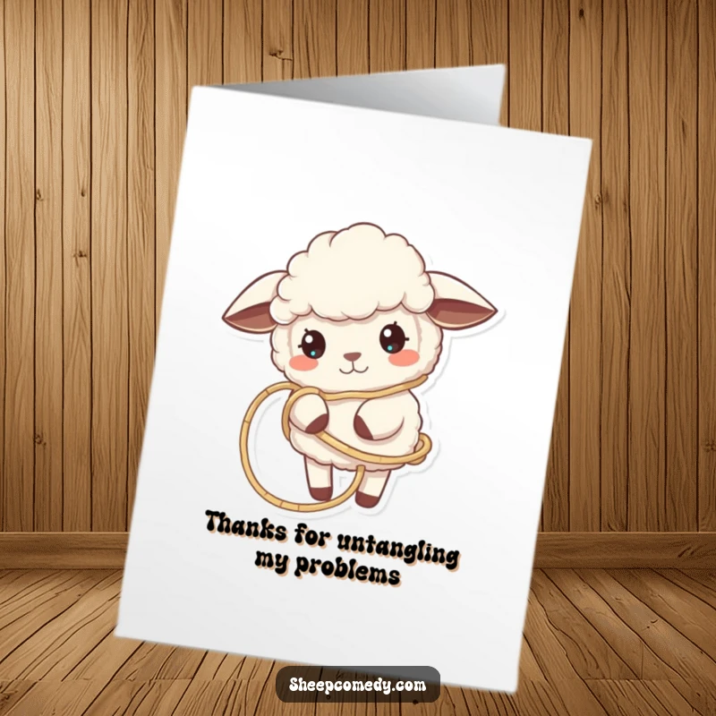 Funny free printable sheep thank you card showing a sheep playfully tangled in thread, a quirky way to say thank you.