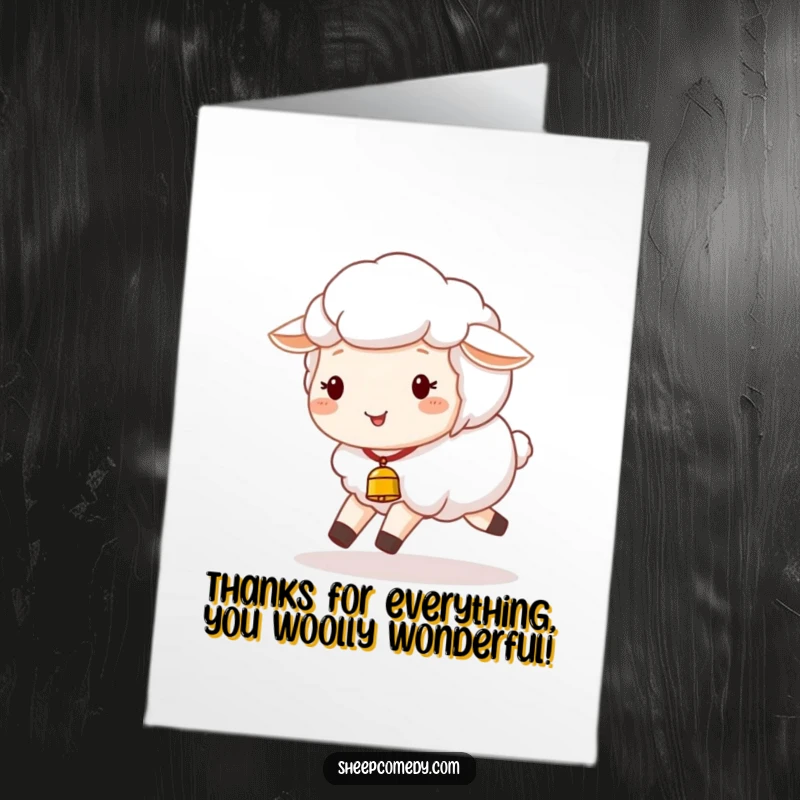 Funny Free Printable Thank You Card: A happy sheep with a tiny bell tinkling joyfully, expressing thanks.