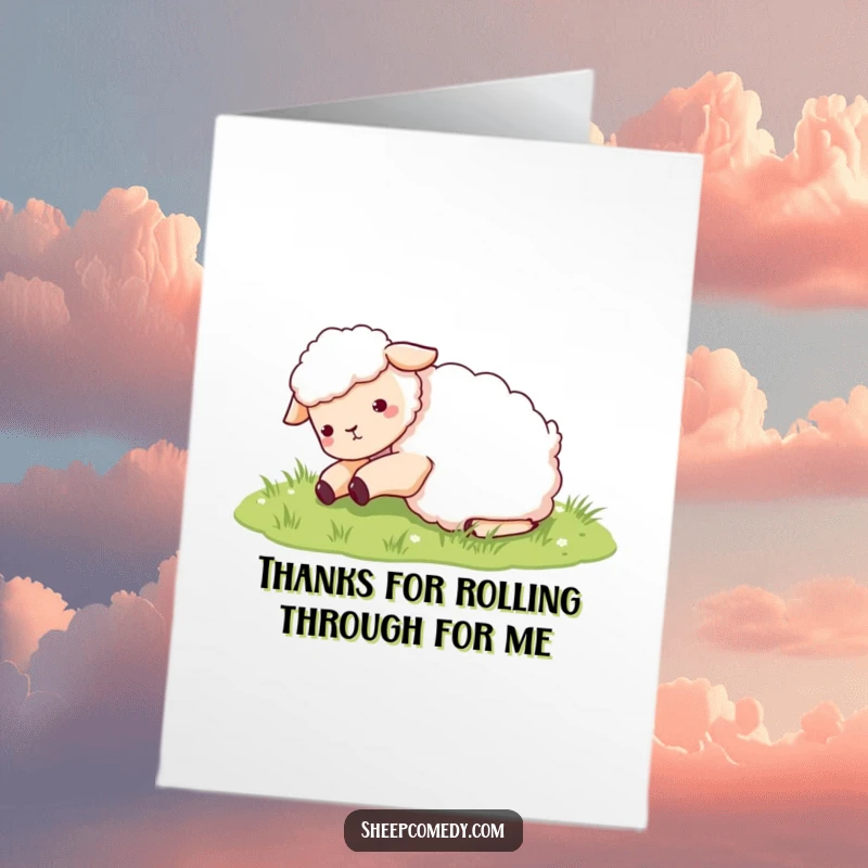 Funny Free Printable Thank You Card: A sheep enjoying a playful roll in the grass, conveying thanks with glee.