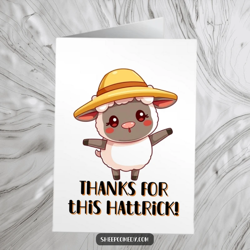 Funny Free Printable Thank You Card: A sheep with a goofy expression is twirling happily in a small straw hat.