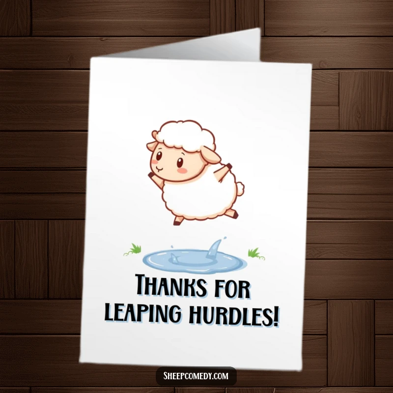 Funny Free Printable Thank You Card: A sheep with a joyful hop leaps over a tiny sparkling puddle.