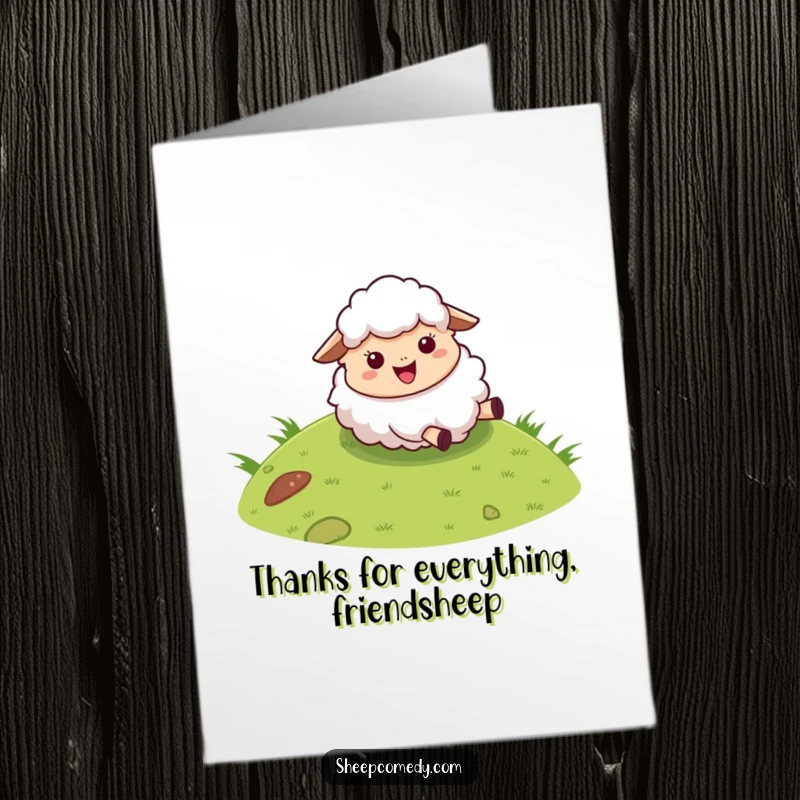 Funny Free Printable Thank You Card: A fluffy sheep hilariously rolling down a grassy hill, expressing gratitude with joy.