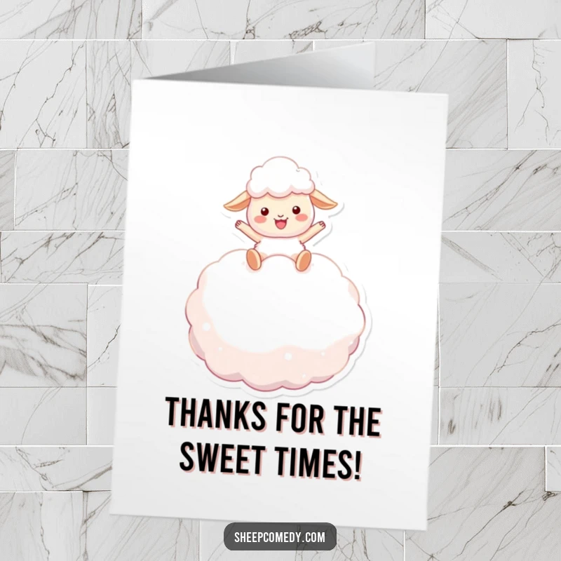 Funny Free Printable Thank You Card: Sheep happily bouncing on a large marshmallow, a sweet thank you download.