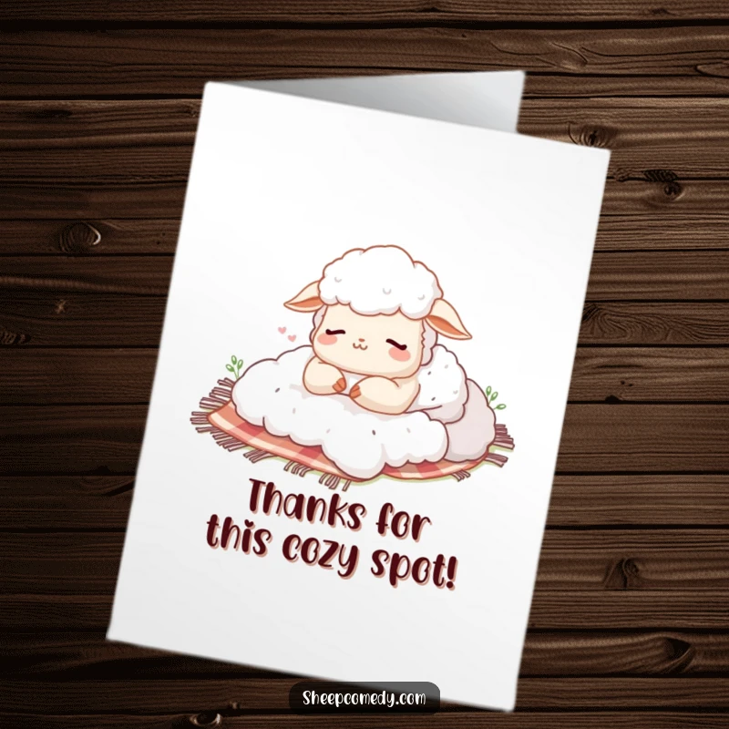 Funny Free Printable Thank You Card: Happy sheep sighing contentedly while napping on a picnic blanket, sending thanks.