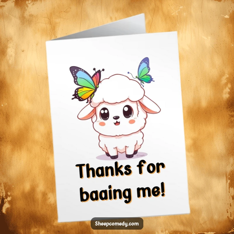 Funny Free Printable Thank You Card: A sheep is mesmerized by a beautiful rainbow butterfly. Charming for download.
