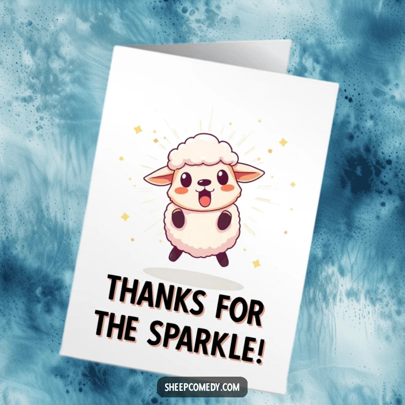 Funny Free Printable Thank You Card of a surprised sheep character leaping back from a bursting, sparkling pom-pom.
