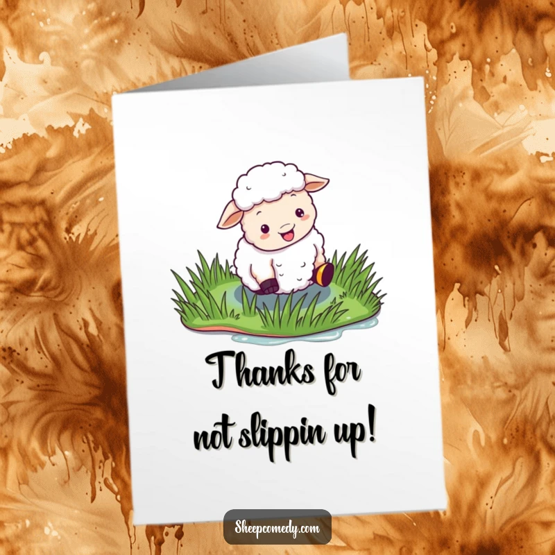 Funny Free Printable Thank You Card: A sheep hilariously slips on a patch of shiny, wet grass, offering thanks.