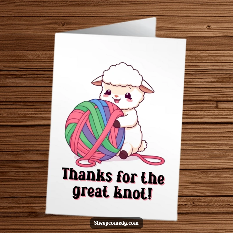 Funny Free Printable Thank You Card: A sheep is hilariously tangled in a huge, colorful ball of yarn, expressing gratitude.