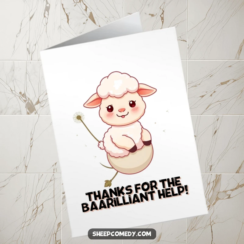 Funny Free Printable Thank You Card: Happy sheep drifts on a dandelion, conveying thanks with a gentle, floating smile.