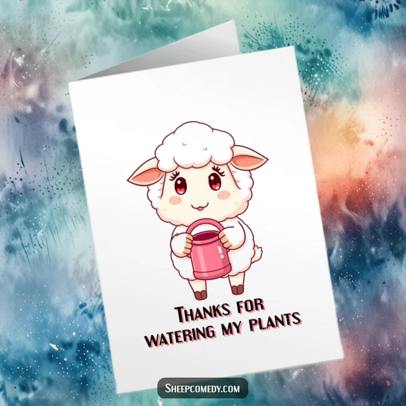 Funny Free Printable Thank You Card: A sly sheep holding a watering can, perfect for thanking someone with a chuckle.