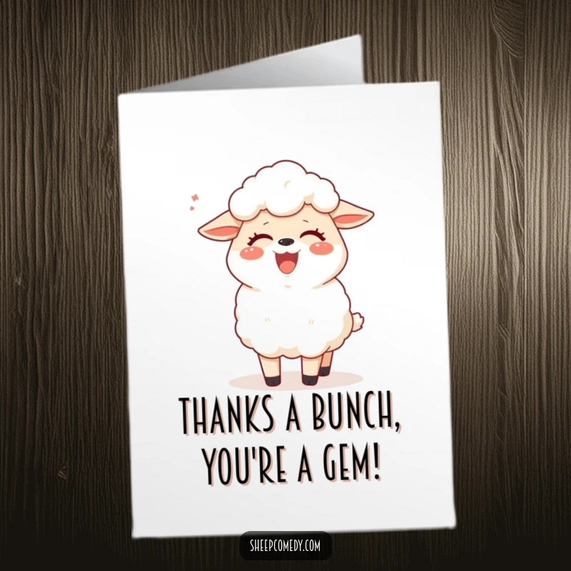 Funny Free Printable Thank You Card with a sheep giggling heartily, showing immense appreciation with a breezy tickle.