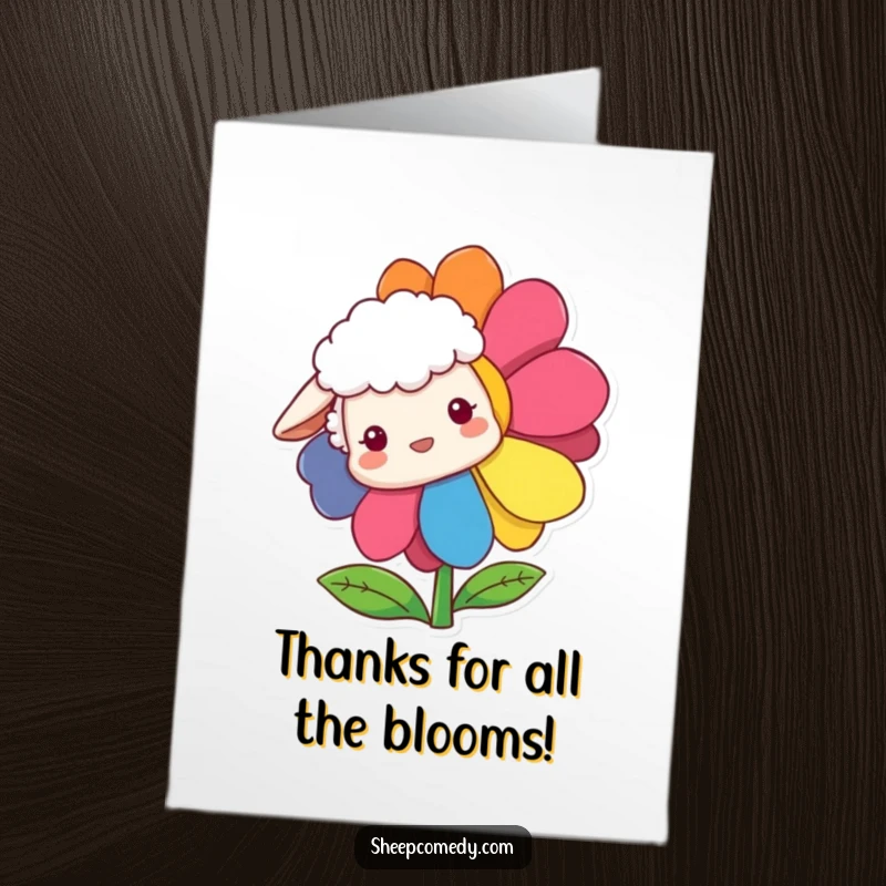 Funny Free Printable Thank You Card: A sheep peeks shyly from behind a large, rainbow flower, offering thanks.