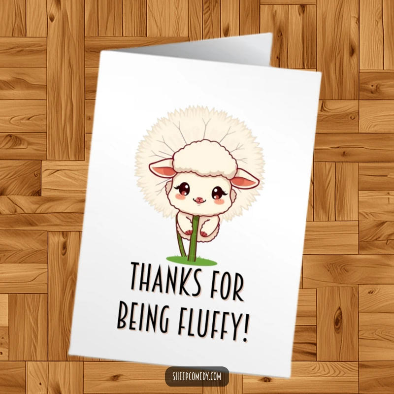 Funny Free Printable thank you card with a sheep peeking from behind a huge, fluffy dandelion, a shy hello.