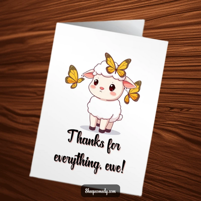 Free Printable Thank You Card depicting a sheep curiously watching a butterfly flutter by, a sweet gesture of thanks.