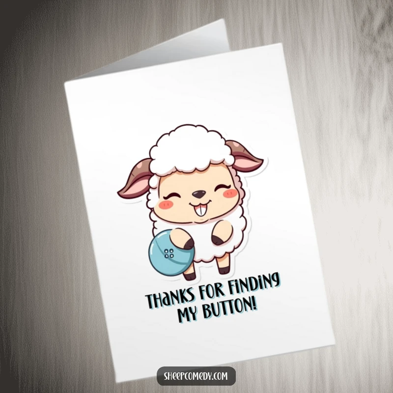 Funny Free Printable Thank You Card: A sheep with a playful smirk nudges a lost button, a unique way to say thanks.