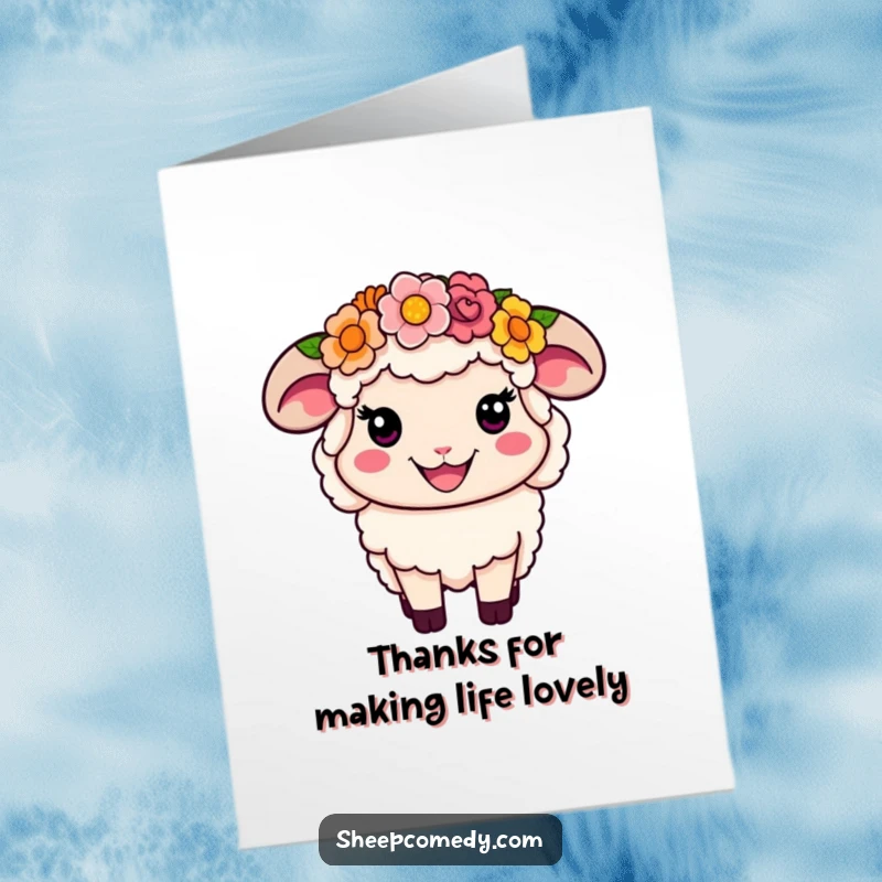 Funny Free Printable Flower Crown Sheep Thank You Card: Smiling sheep wearing a flower crown, a graceful way to say thanks.