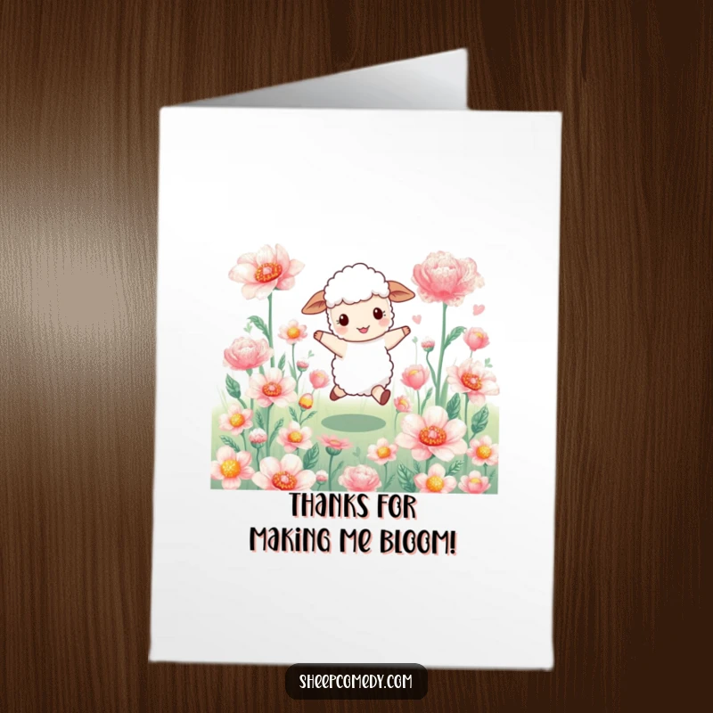 Funny Free Printable Thank You Card: Sheep skipping through shimmering oversized flowers, a beautiful thank you download.