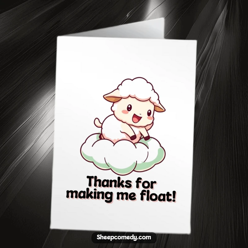 Funny Free Printable Thank You Card: Sheep bouncing playfully on a fluffy green cloud, expressing thanks.