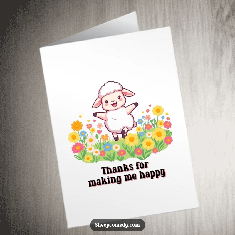 Funny free printable sheep thank you card showing a sheep spinning happily in flowers, a cheerful way to say thanks.