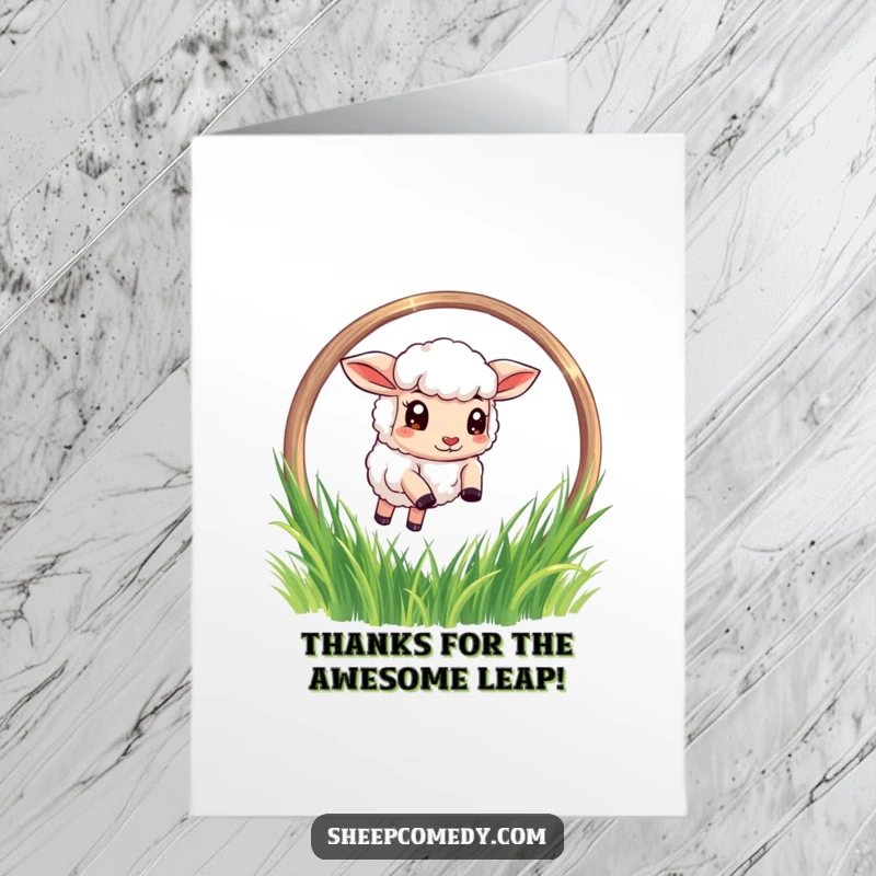 Funny Free Printable Thank You Card: a determined sheep performs an epic leap, expressing thanks.