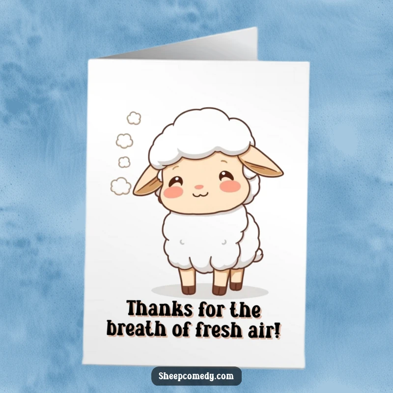 Free Printable Thank You Card: A happy sheep exhales a light mist cloud, radiating gentle gratitude.