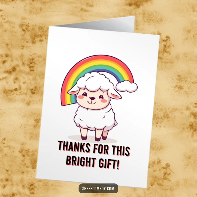 Funny Free Printable Thank You Card: Cheerful sheep balancing a rainbow, sending colorful thanks your way.