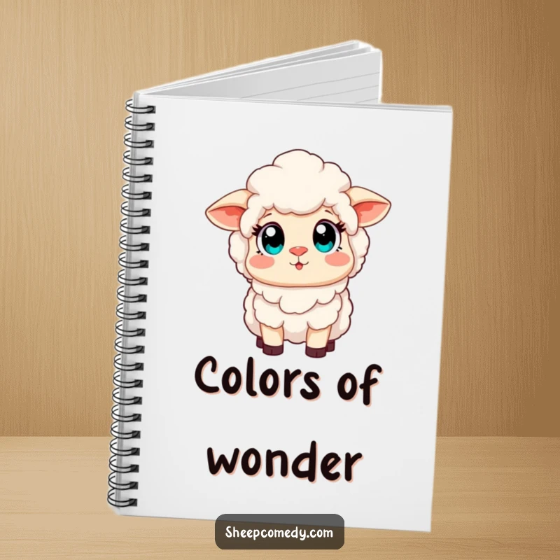 Funny notebook with a sheep character, its eyes wide with amazement at a colorful rainbow, perfect for notes and creative writing.