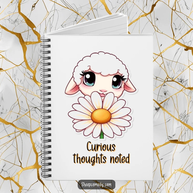 Funny notebook with a sheep character with oversized, curious eyes peeking from behind a large daisy.