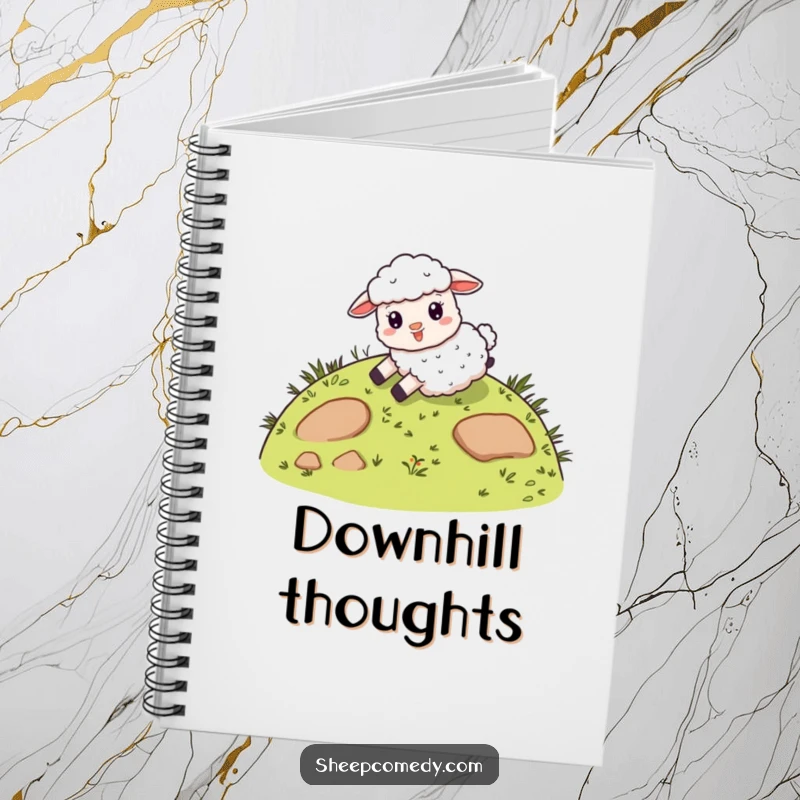 Funny notebook featuring a giddy sheep character sliding down a whimsical, grassy hill, ideal for notes, diaries, and joyful scribbles.
