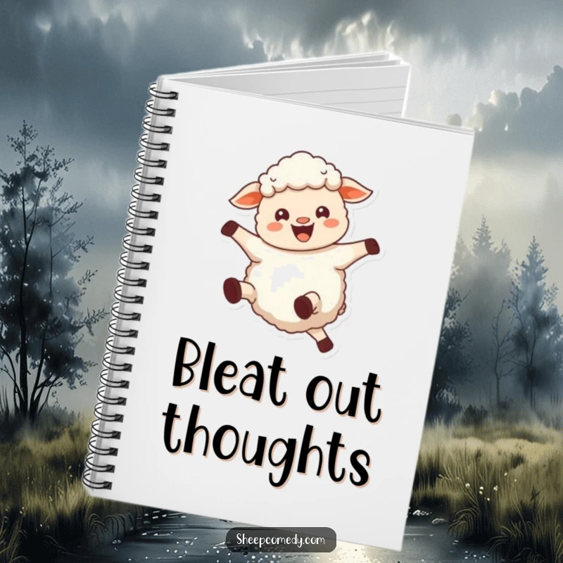 Funny sheep notebook with a joyful sheep bleating and kicking its legs, ideal for capturing happy thoughts.