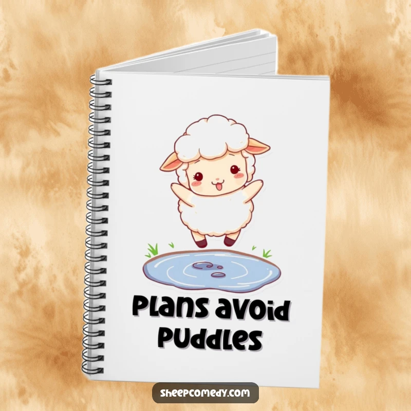 Funny notebook with a fluffy sheep character playfully jumping over a small puddle.