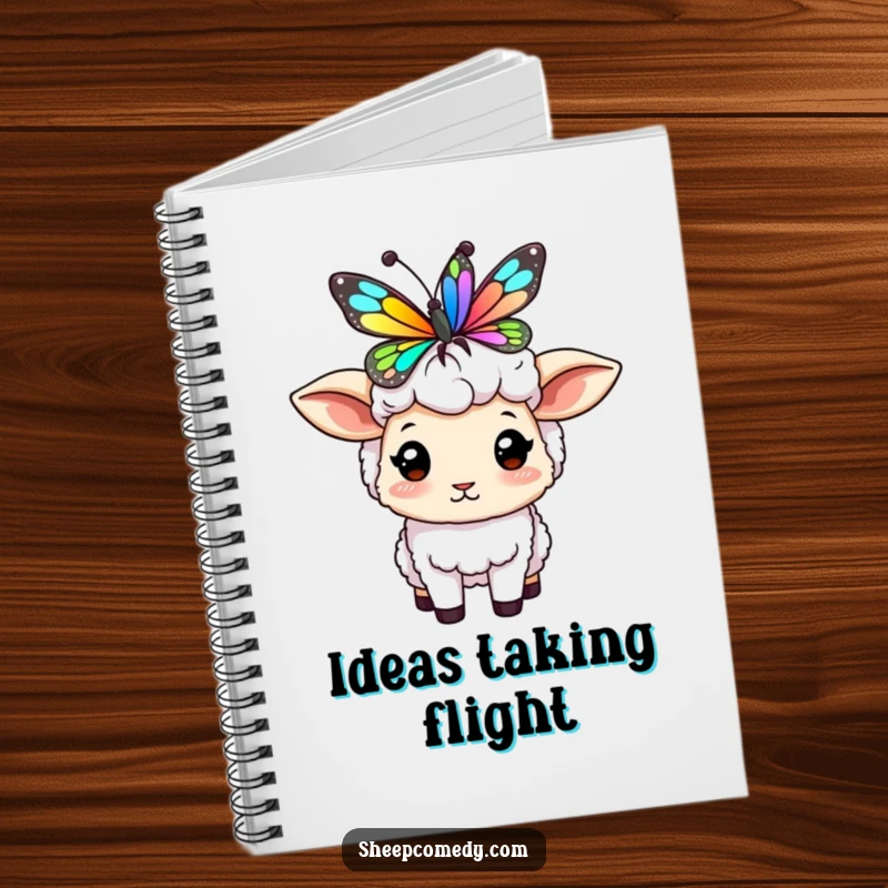 Funny sheep notebook featuring a character balancing a colorful butterfly on its head, ideal for recording thoughtful ideas.