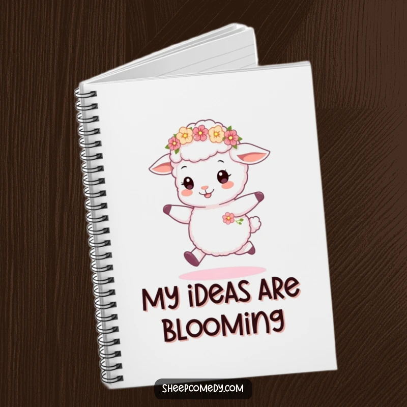 Funny sheep cub skipping notebook, showcasing a happy sheep with a tiny flower wreath, perfect for journaling and note-taking.