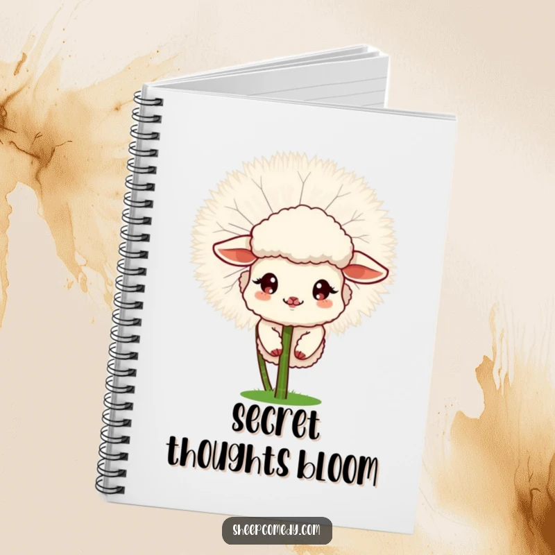 Funny Sheep notebook featuring a sheep peeking from a fluffy dandelion, great for notes.