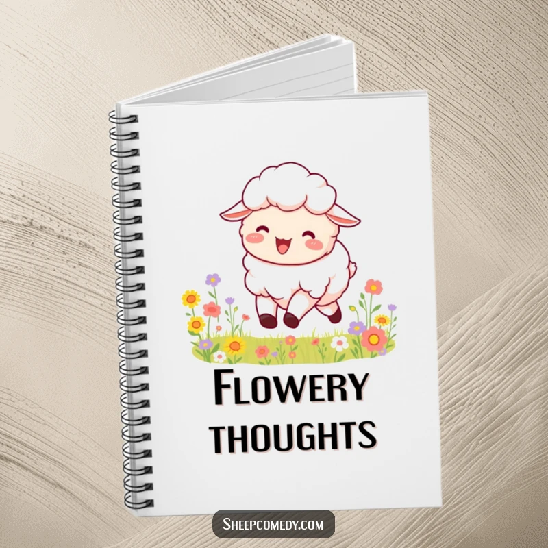 Funny notebook cover with a fluffy sheep bleating joyfully as it leaps through a vibrant field bursting with colorful flowers.